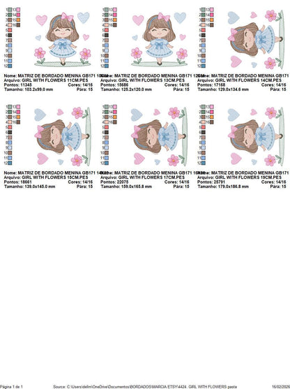 Young Girl with dress flowers hearts embroidery designs - Baby girl with lace and long hair machine embroidery pattern - Instant download