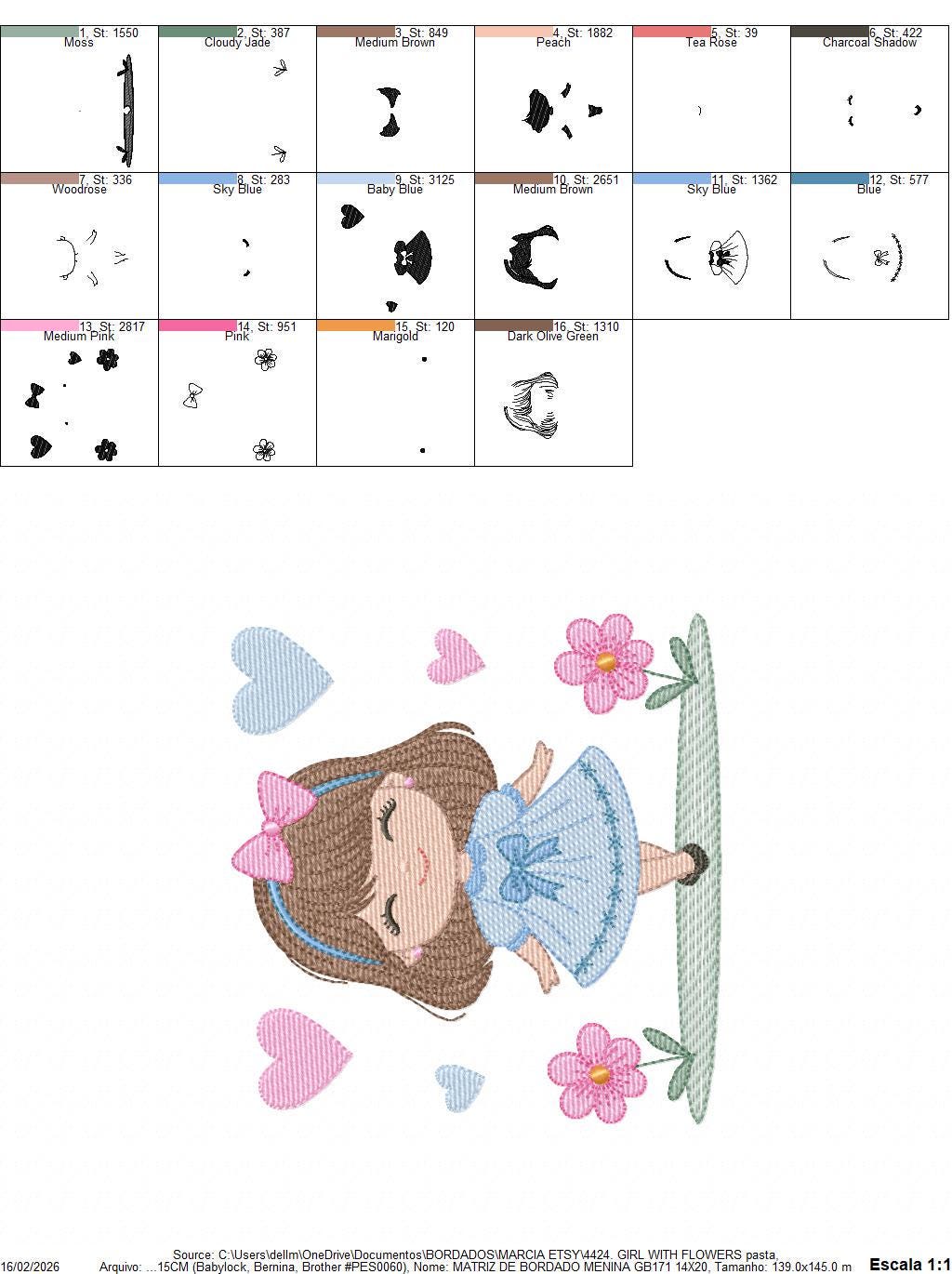 Young Girl with dress flowers hearts embroidery designs - Baby girl with lace and long hair machine embroidery pattern - Instant download