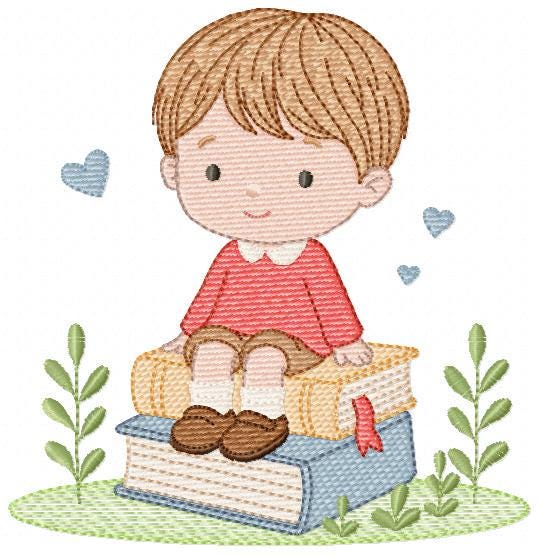 Baby Boy with books embroidery designs - School Student Toddler with books and hearts machine embroidery pattern - Instant download pes jef