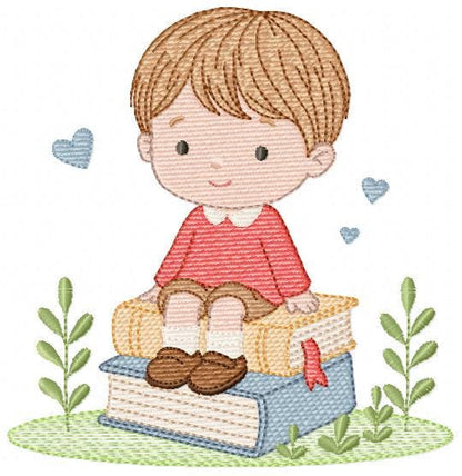 Baby Boy with books embroidery designs - School Student Toddler with books and hearts machine embroidery pattern - Instant download pes jef