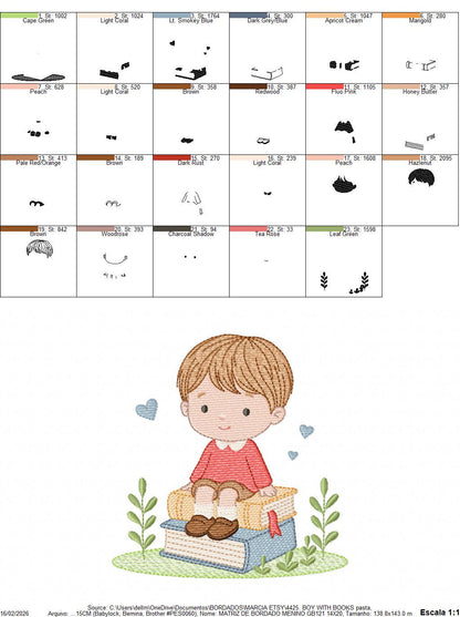 Baby Boy with books embroidery designs - School Student Toddler with books and hearts machine embroidery pattern - Instant download pes jef