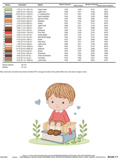 Baby Boy with books embroidery designs - School Student Toddler with books and hearts machine embroidery pattern - Instant download pes jef