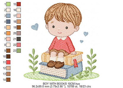 Baby Boy with books embroidery designs - School Student Toddler with books and hearts machine embroidery pattern - Instant download pes jef