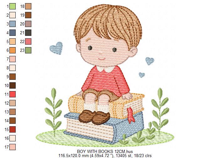 Baby Boy with books embroidery designs - School Student Toddler with books and hearts machine embroidery pattern - Instant download pes jef