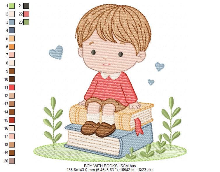 Baby Boy with books embroidery designs - School Student Toddler with books and hearts machine embroidery pattern - Instant download pes jef