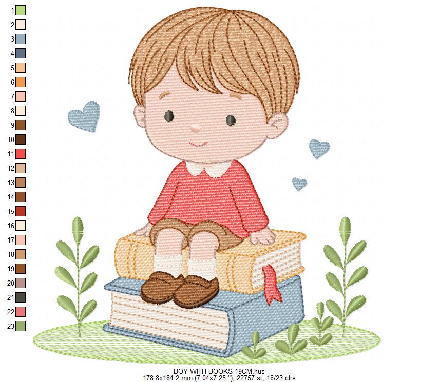 Baby Boy with books embroidery designs - School Student Toddler with books and hearts machine embroidery pattern - Instant download pes jef