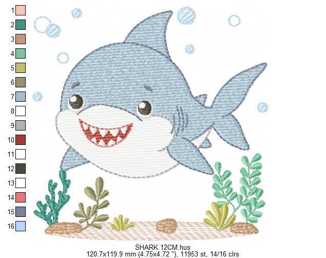 Shark embroidery designs - Ocean animals machine pattern - Baby Boy Shark with shells bubbles and algae frame - Instant download pes jef dst