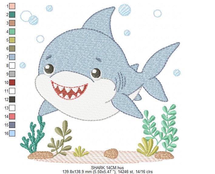 Shark embroidery designs - Ocean animals machine pattern - Baby Boy Shark with shells bubbles and algae frame - Instant download pes jef dst