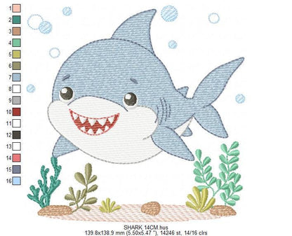 Shark embroidery designs - Ocean animals machine pattern - Baby Boy Shark with shells bubbles and algae frame - Instant download pes jef dst