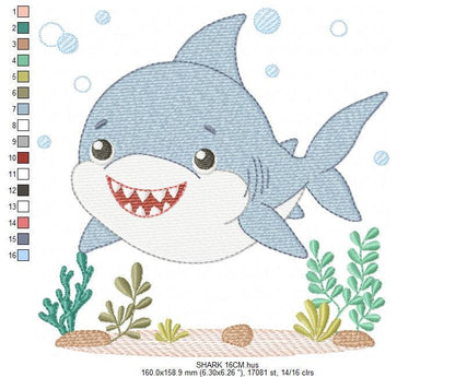 Shark embroidery designs - Ocean animals machine pattern - Baby Boy Shark with shells bubbles and algae frame - Instant download pes jef dst