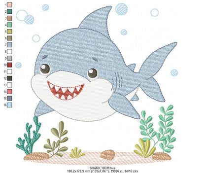 Shark embroidery designs - Ocean animals machine pattern - Baby Boy Shark with shells bubbles and algae frame - Instant download pes jef dst