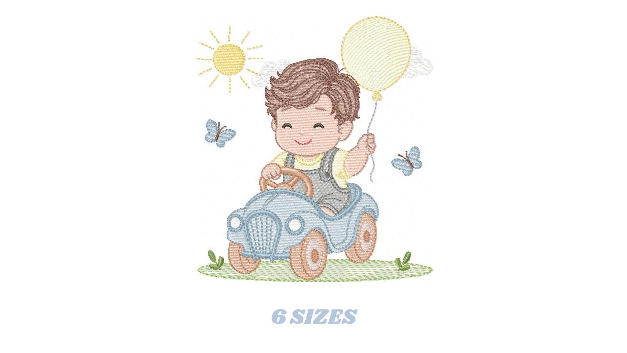 Baby Boy with old car embroidery designs - Toddler playing machine embroidery pattern - Boy with balloon - Instant digital download pes jef