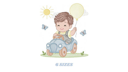 Baby Boy with old car embroidery designs - Toddler playing machine embroidery pattern - Boy with balloon - Instant digital download pes jef