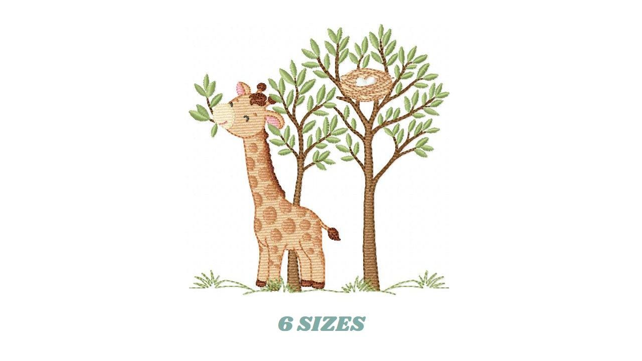 Giraffe with tree embroidery designs - Safari wild animal with birdnest machine embroidery pattern - Baby boy file - Instant download pes