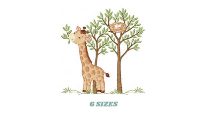 Giraffe with tree embroidery designs - Safari wild animal with birdnest machine embroidery pattern - Baby boy file - Instant download pes