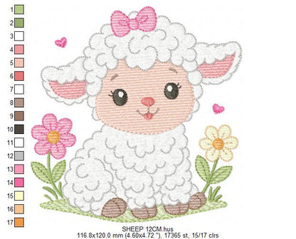 Baby Sheep with lace embroidery design - Lamb machine embroidery pattern - Baby girl file - Instant digital download pes jef dst hus vp3 xxx