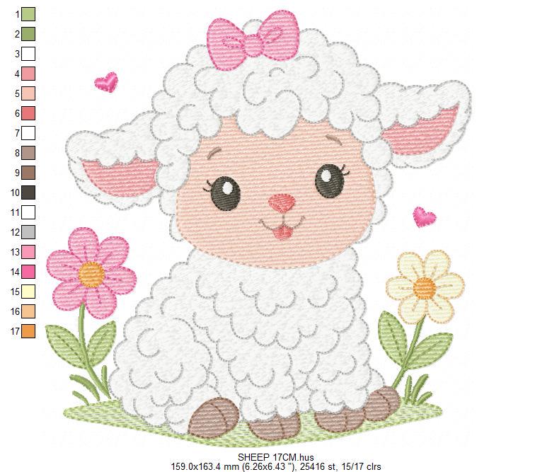Baby Sheep with lace embroidery design - Lamb machine embroidery pattern - Baby girl file - Instant digital download pes jef dst hus vp3 xxx