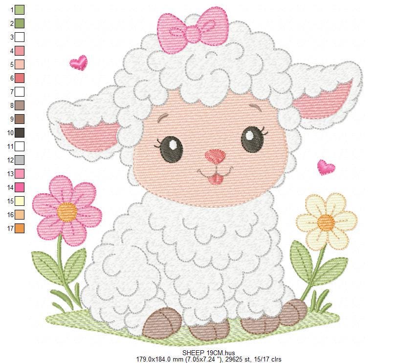 Baby Sheep with lace embroidery design - Lamb machine embroidery pattern - Baby girl file - Instant digital download pes jef dst hus vp3 xxx