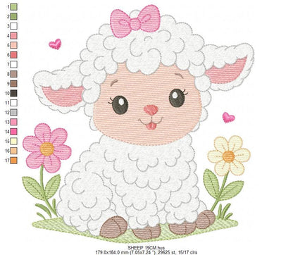 Baby Sheep with lace embroidery design - Lamb machine embroidery pattern - Baby girl file - Instant digital download pes jef dst hus vp3 xxx