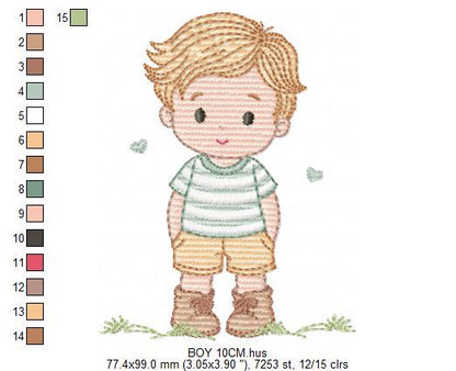 Baby Boy with hearts embroidery designs - Toddler playing machine embroidery pattern - Boy with blond hair - Instant digital download pes