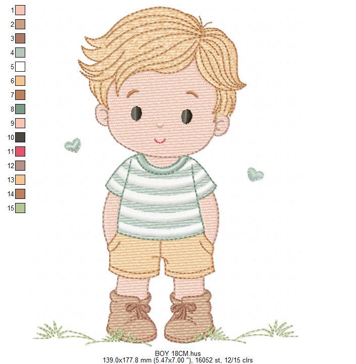 Baby Boy with hearts embroidery designs - Toddler playing machine embroidery pattern - Boy with blond hair - Instant digital download pes