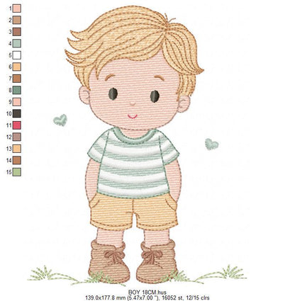 Baby Boy with hearts embroidery designs - Toddler playing machine embroidery pattern - Boy with blond hair - Instant digital download pes