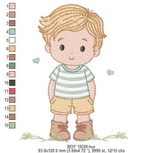 Baby Boy with hearts embroidery designs - Toddler playing machine embroidery pattern - Boy with blond hair - Instant digital download pes
