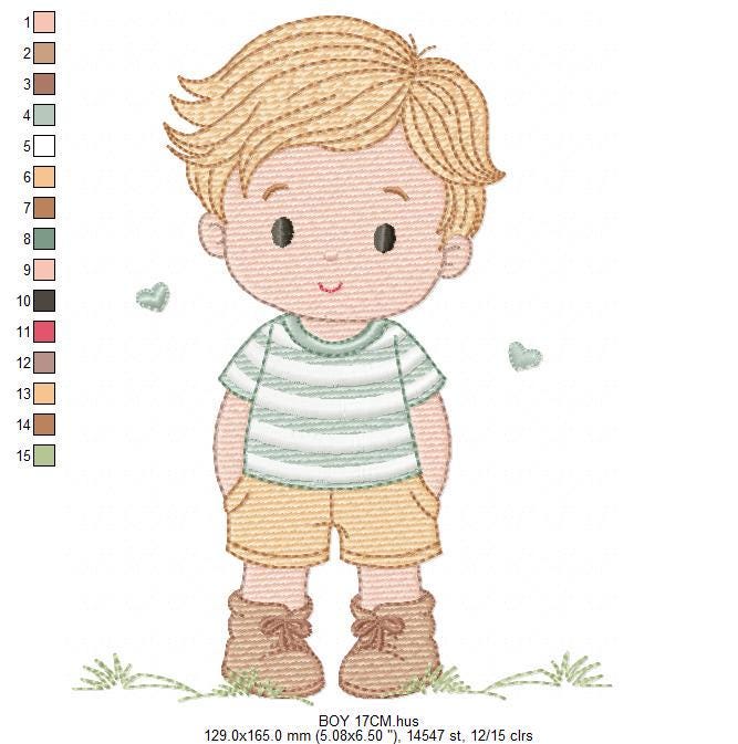 Baby Boy with hearts embroidery designs - Toddler playing machine embroidery pattern - Boy with blond hair - Instant digital download pes