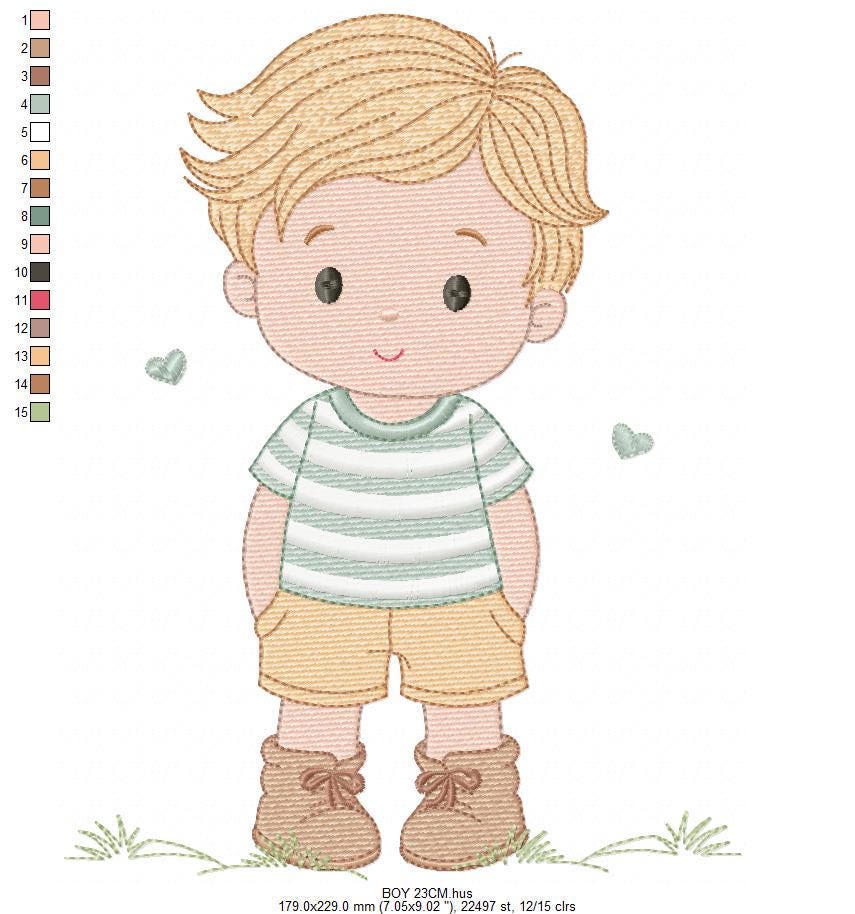 Baby Boy with hearts embroidery designs - Toddler playing machine embroidery pattern - Boy with blond hair - Instant digital download pes