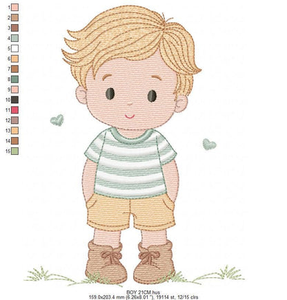 Baby Boy with hearts embroidery designs - Toddler playing machine embroidery pattern - Boy with blond hair - Instant digital download pes