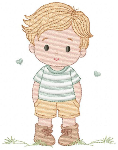 Baby Boy with hearts embroidery designs - Toddler playing machine embroidery pattern - Boy with blond hair - Instant digital download pes