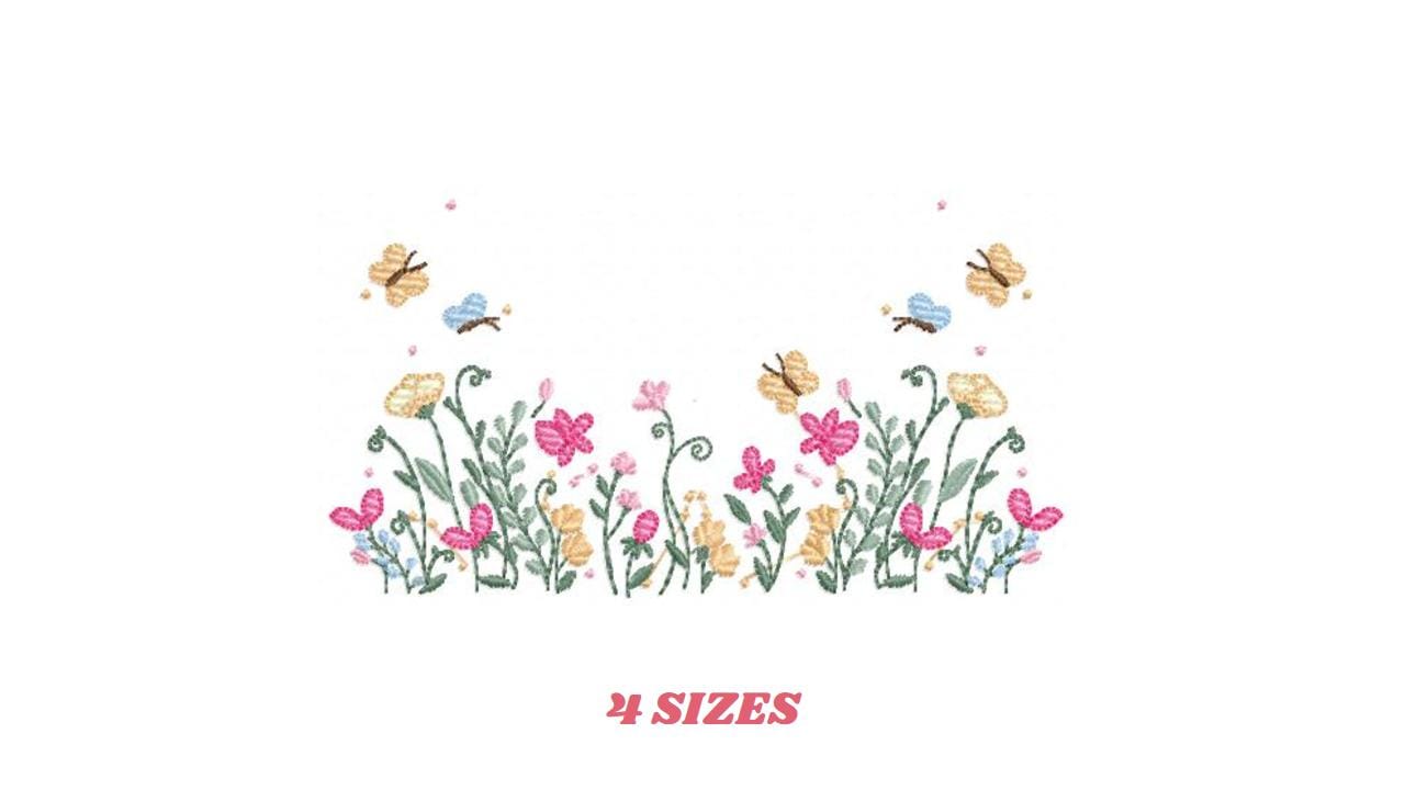 Flower garden embroidery designs - Floral Butterfly machine embroidery pattern - Kitchen towel file - Instant digital download pes jef dst