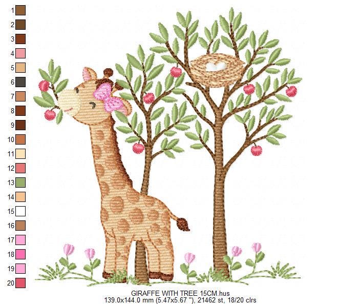 Giraffe with tree embroidery designs - Safari wild animal with birdnest machine embroidery pattern - Baby girl file - Instant download pes
