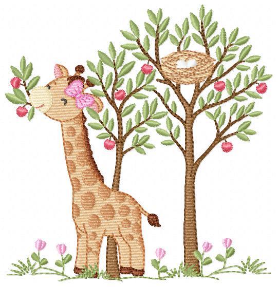 Giraffe with tree embroidery designs - Safari wild animal with birdnest machine embroidery pattern - Baby girl file - Instant download pes