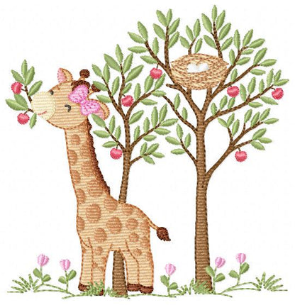 Giraffe with tree embroidery designs - Safari wild animal with birdnest machine embroidery pattern - Baby girl file - Instant download pes