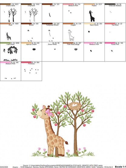 Giraffe with tree embroidery designs - Safari wild animal with birdnest machine embroidery pattern - Baby girl file - Instant download pes