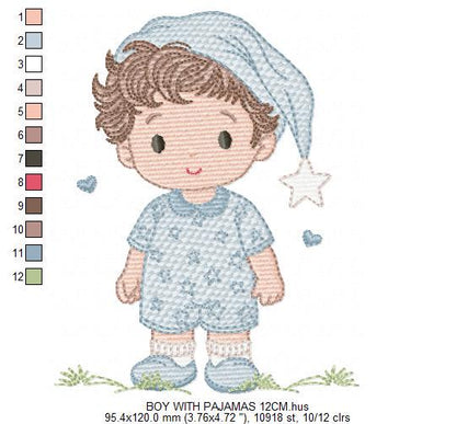 Baby Boy with pajamas embroidery designs - Baby boy with stars and hearts machine embroidery pattern - Instant digital download pes jef dst