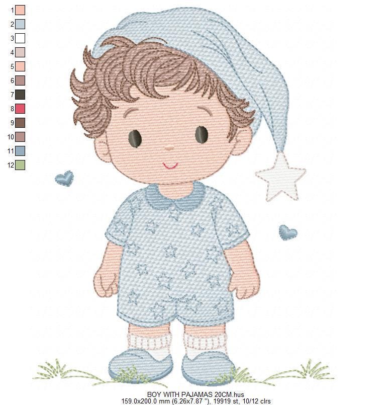 Baby Boy with pajamas embroidery designs - Baby boy with stars and hearts machine embroidery pattern - Instant digital download pes jef dst