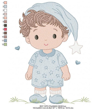 Baby Boy with pajamas embroidery designs - Baby boy with stars and hearts machine embroidery pattern - Instant digital download pes jef dst