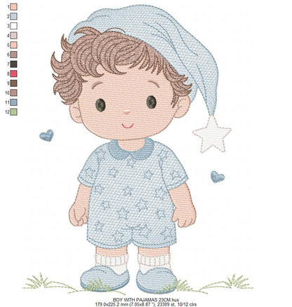 Baby Boy with pajamas embroidery designs - Baby boy with stars and hearts machine embroidery pattern - Instant digital download pes jef dst