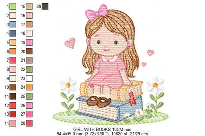 Baby Girl with books embroidery designs - School Student Toddler with books and hearts machine embroidery pattern - Instant download pes jef