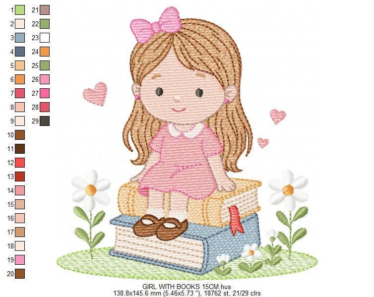 Baby Girl with books embroidery designs - School Student Toddler with books and hearts machine embroidery pattern - Instant download pes jef