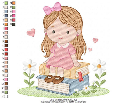 Baby Girl with books embroidery designs - School Student Toddler with books and hearts machine embroidery pattern - Instant download pes jef