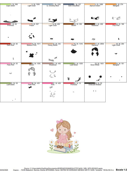 Baby Girl with books embroidery designs - School Student Toddler with books and hearts machine embroidery pattern - Instant download pes jef