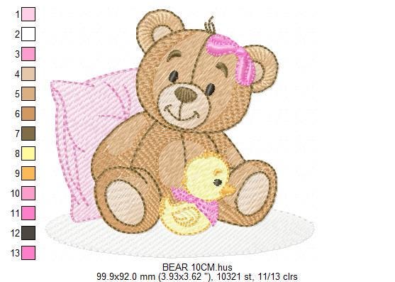 Baby Girl Teddy Bear embroidery designs - Sleeping Bear with duck and pillow machine embroidery pattern - Instant digital download pes jef