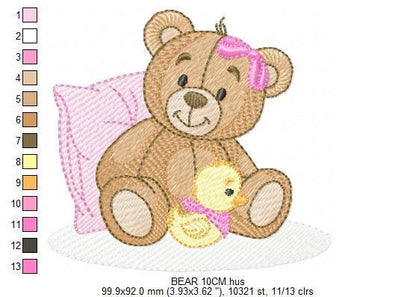 Baby Girl Teddy Bear embroidery designs - Sleeping Bear with duck and pillow machine embroidery pattern - Instant digital download pes jef