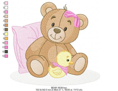 Baby Girl Teddy Bear embroidery designs - Sleeping Bear with duck and pillow machine embroidery pattern - Instant digital download pes jef