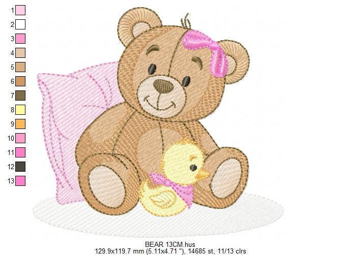 Baby Girl Teddy Bear embroidery designs - Sleeping Bear with duck and pillow machine embroidery pattern - Instant digital download pes jef