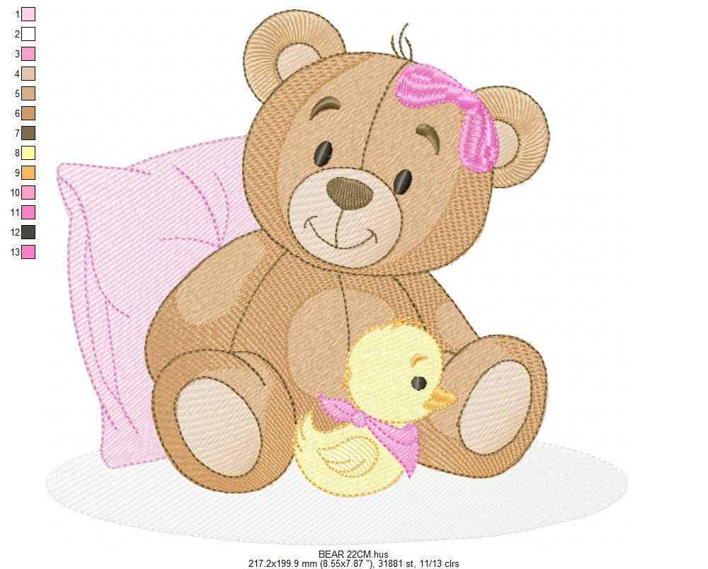 Baby Girl Teddy Bear embroidery designs - Sleeping Bear with duck and pillow machine embroidery pattern - Instant digital download pes jef