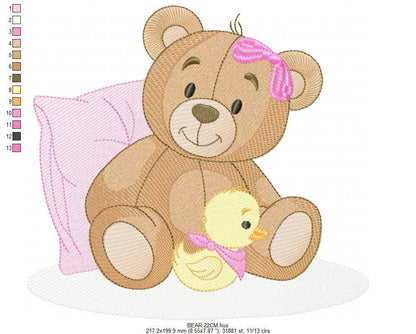 Baby Girl Teddy Bear embroidery designs - Sleeping Bear with duck and pillow machine embroidery pattern - Instant digital download pes jef